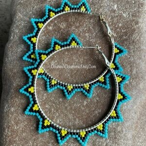 Turquoise and Yellow Sunburst  2” Beaded Hoops, New, Handmade by Me